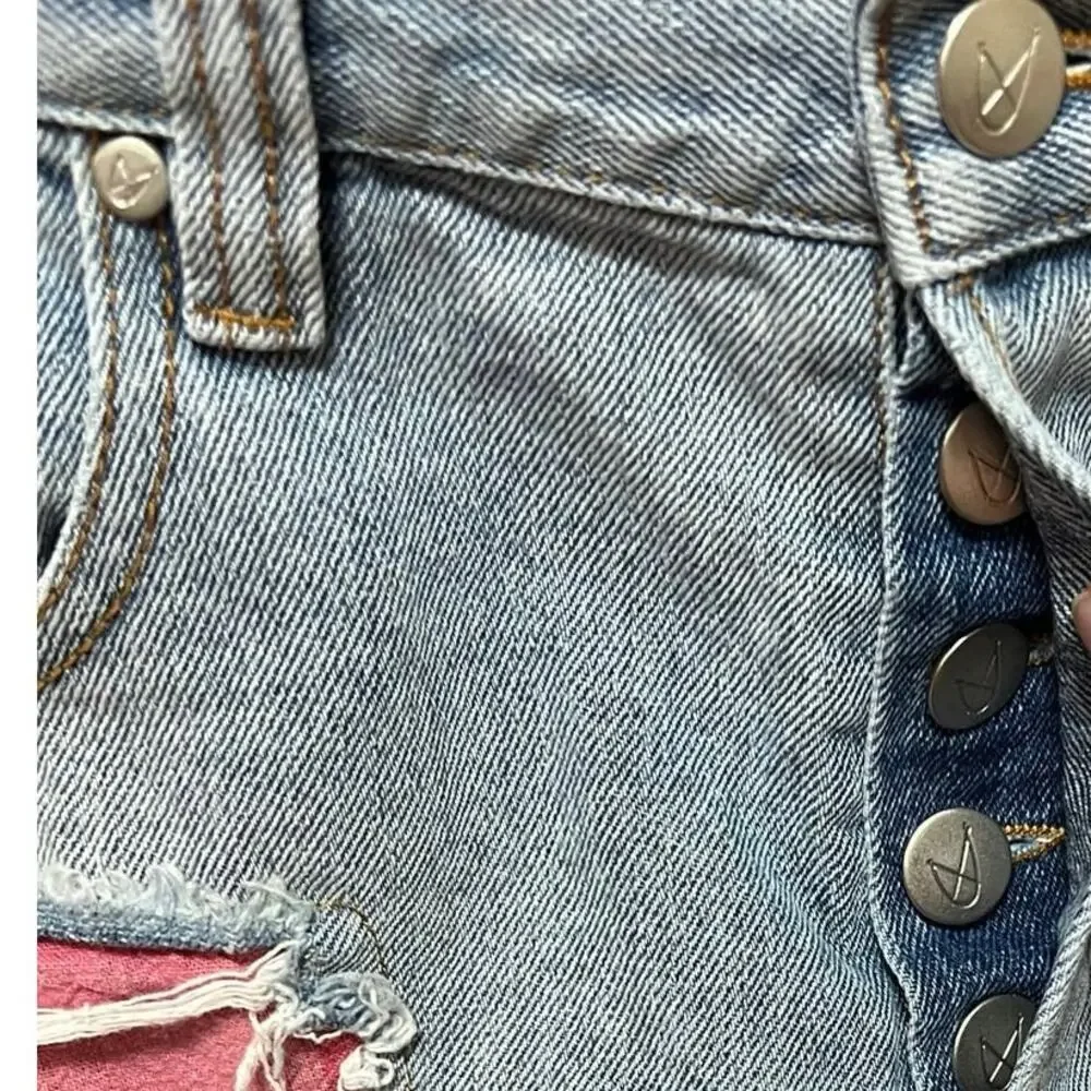 MinkPink women’s M shorts cutoff distressed patched denim button fly 5 pocket
